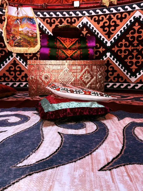 Inside a decorated Kazakh yurt