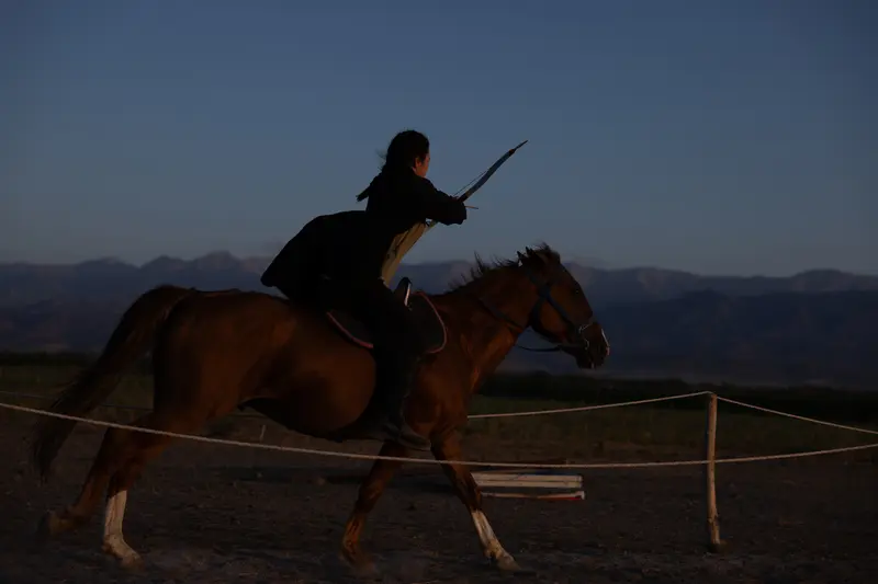 Rider with a bow at dusk